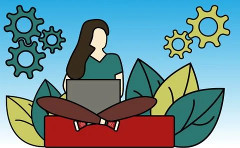 Girl sitting on the floor and working with laptop in social networks. Stock Illustration