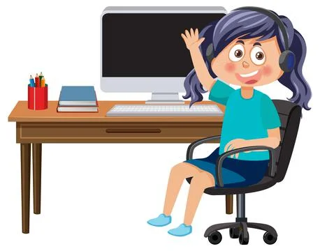 A girl sitting in front of computer Illustrazione stock