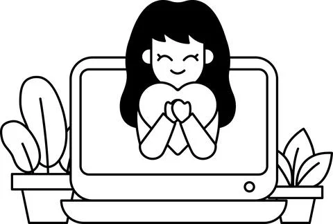 A girl is sitting in front of a computer screen with a heart on her chest Stock Illustration