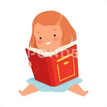 Girl Sitting With A Red Book. Vector Illustration On A White Background.