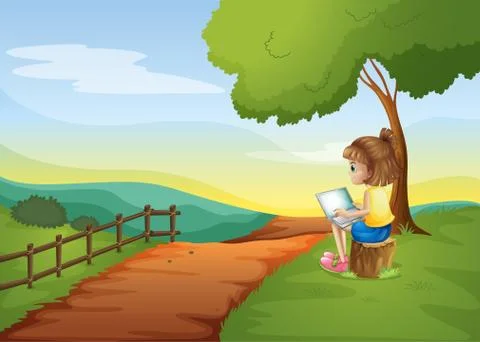 A girl sitting at the stump while using the laptop Illustrazione stock