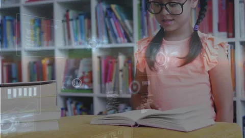 Girl sitting at table tracing text, initiating educational AR HUDs intensifying Stock Footage 332290108