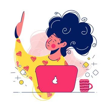 Girl sitting at the table, working on a computer and have idea. Stock Illustration