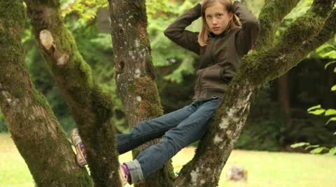 Girl sitting in a tree Stock Footage 20542531