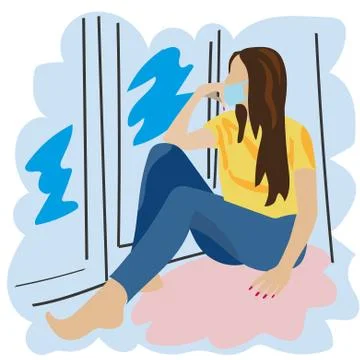 Girl sitting on a window missing in the mask. Quarantine the virus Stock Illustration