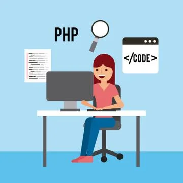 Girl sitting working laptop program code php search technology Stock-Illustration