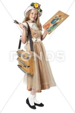 Girl with the sketchbook, palette and brushes Stock Photos