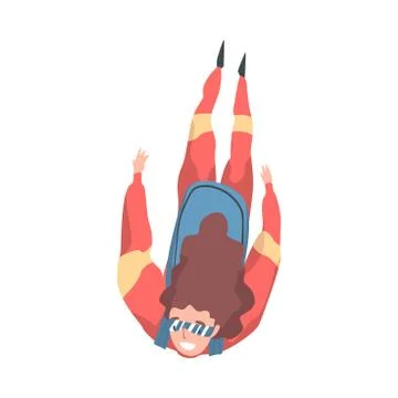 Girl Skydiver Doing Base Jump, Person Jumping with Parachute in Sky, Skydiving Stock Illustration