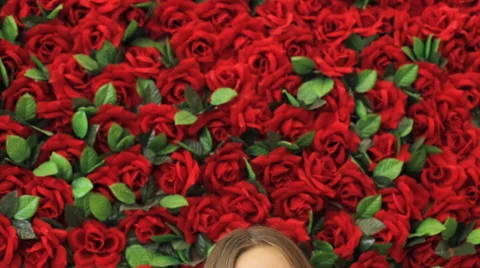 Girl smiling at camera on the background of red roses Stock Footage 67860207