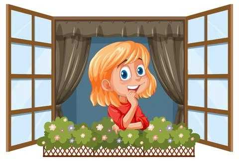 Girl Smiling at Open Window Stock Illustration
