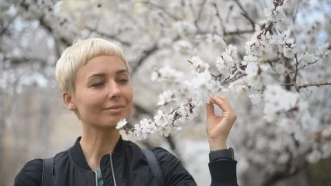 The girl sniffs a flowering cherry tree in early spring. Stock-Footage 113329991