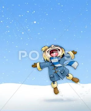 Girl in the snow blue coat - plain background Stock Illustration