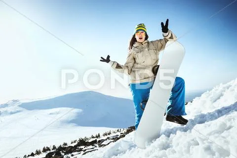 Girl snowboarder having fun mountain Stock Photos