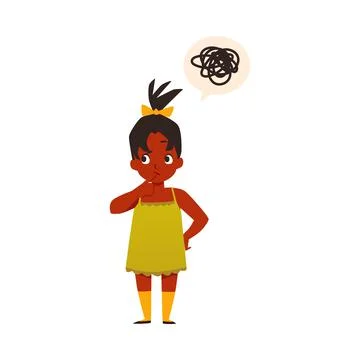 Girl solves problem or answers to question, flat vector illustration isolated. Stock Illustration