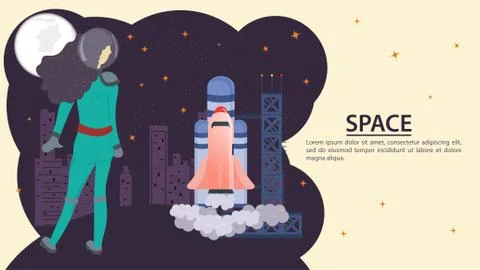 Girl in a space suit looks at the launch of a Shuttle rocket into space flat Stock Illustration