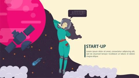 A girl in a space suit in outer space looks at a satellite in orbit near the Stock Illustration