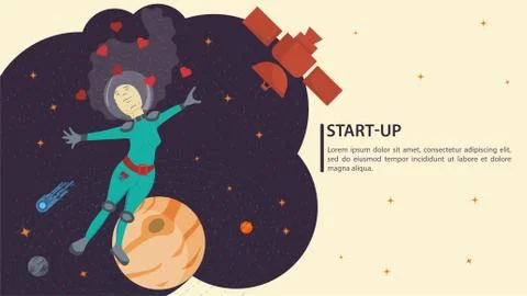 Girl in a space suit in outer space flying in zero gravity flat vector drawin Stock Illustration