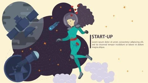 Girl in a space suit in outer space in zero gravity looks at a telescope Obse Stock Illustration