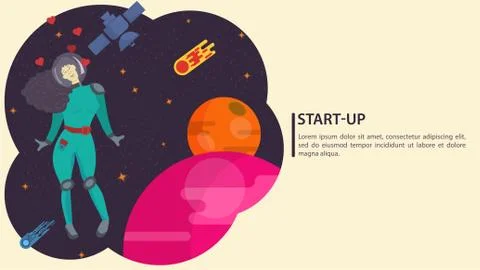 Girl in a space suit in outer space in zero gravity on the background of a pi Stock Illustration