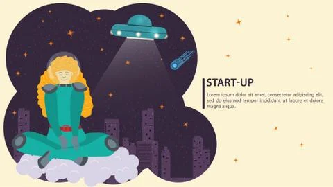 Girl in a space suit in outer space in zero gravity sitting on a cloud on the Stock Illustration