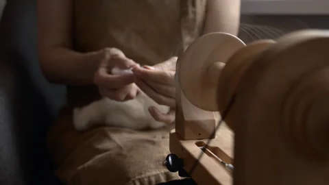 Girl Spinning Wool While Seated Stock Footage 255523379