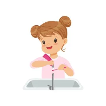 Girl squeezing tooth paste on a toothbrush, kid brushing her teeth in bathroom Stock Illustration