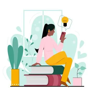 Girl on stack books using phone for online education Stock Illustration