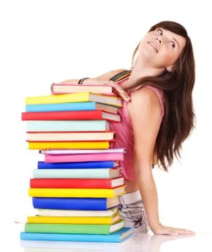 Girl with stack colored book . 스톡 사진