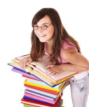 Girl with stack multi- colored book . 스톡 사진