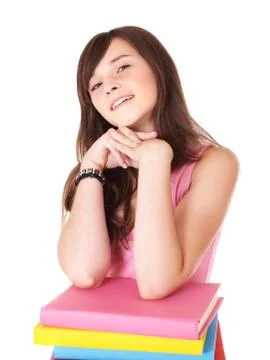 Girl with stack multicolored book . 스톡 사진