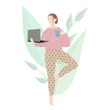 Girl standing in asana with a laptop and cup of coffee. Work from home concept. Stock Illustration