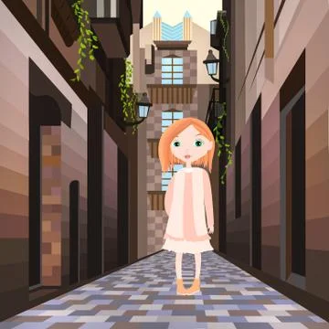 Girl standing between buildings on abstract floor Stock Illustration