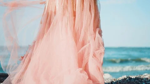 Girl standing with her back to the camera, her blond hair and a light long train Stock Footage 100407243