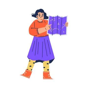 Girl Standing with Planet Map Exploring Space and Galaxy Vector Illustration 스톡 일러스트