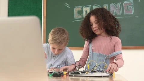 Girl standing while fixing electronic board by using screwdriver. Pedagogy. Stock Footage 274047516