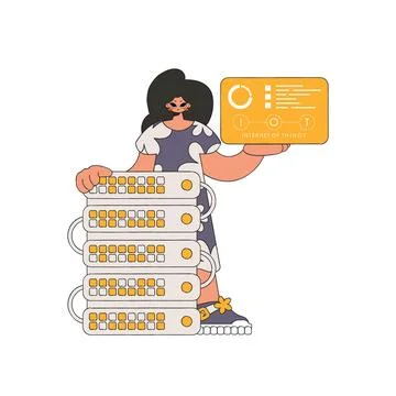 The girl stands close to the server, grasping the IoT logo. Stock Illustration