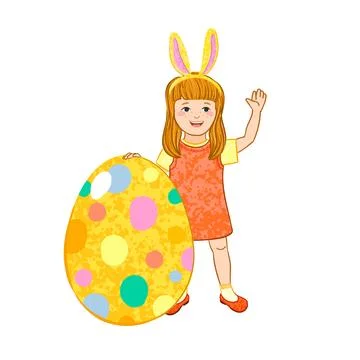Girl Stands Next to a Large Easter Egg Colorful Illustration Stock Illustration
