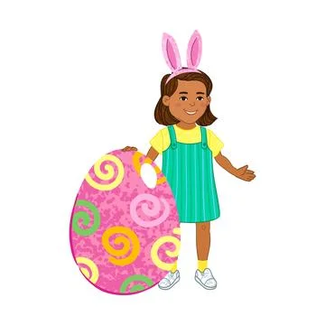 Girl Stands Next to a Large Easter Egg Colorful Illustration Stock Illustration