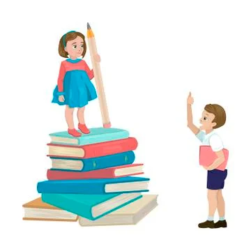 Girl stands on a stack of books, an indicator of the level of knowledge. The boy Stock Illustration