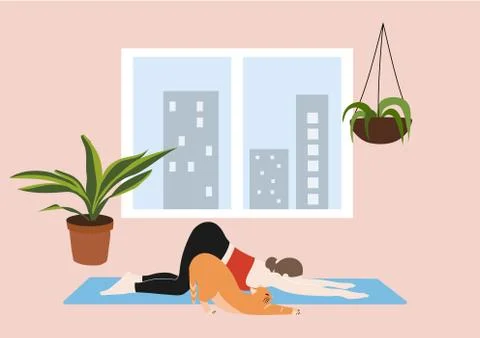 Girl stays at home doing yoga with her cat. Stock Illustration