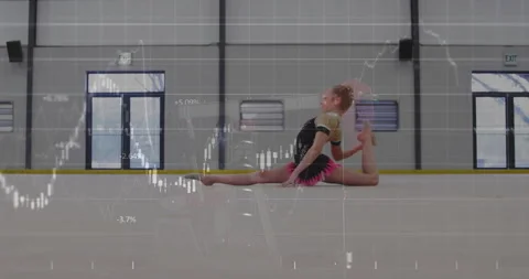 Girl stepping onto bordered mat activating animated metrics tracking split 库存影片 313509323