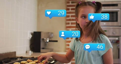 Girl stepping into kitchen frame, blue social icons popping, counters rising, Stock Footage 320506963