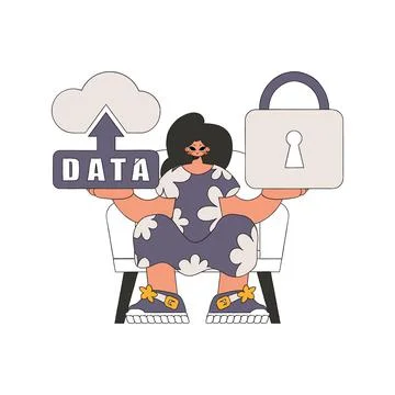 Girl stored data in the cloud, protected it with a padlock. Stock Illustration