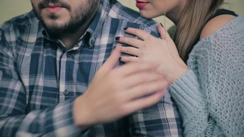 Girl stroking man's shoulder. Close-up of hands Stock Footage 72872053