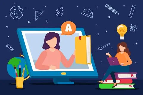 Girl student computer class web education concept Stock Illustration