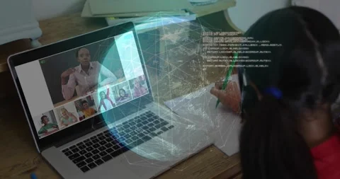 Girl student noting in remote class, teacher speaking as globe and code overlays Stock Footage 321783173