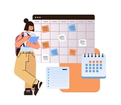 Girl student using tablet pc near task board back to university science and Stock Illustration
