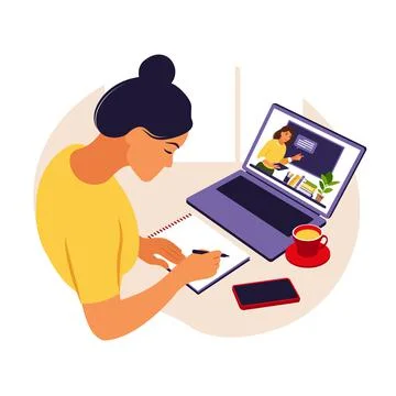 Girl study at computer. Online learning concept. Video lesson. Distance study Stock Illustration