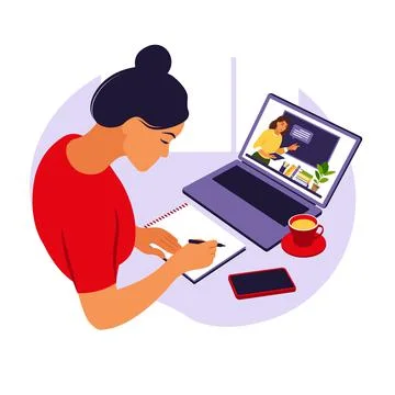 Girl study at computer. Online learning concept. Video lesson. Distance study Stock Illustration