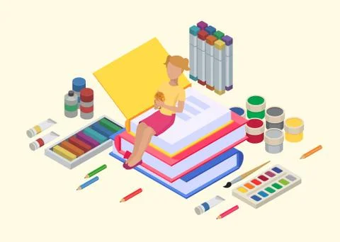 Girl study, education, learning vector illustration. Kid with books, paints イラスト素材
